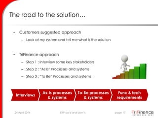 The road to the solution…
• Customers suggested approach
– Look at my system and tell me what is the solution
• TriFinance approach
– Step 1 : Interview some key stakeholders
– Step 2 : “As Is” Processes and systems
– Step 3 : “To Be” Processes and systems
24 April 2014 page 17ERP do’s and don’ts
Interviews
As-Is processes
& systems
To-Be processes
& systems
Func & tech
requirements
 