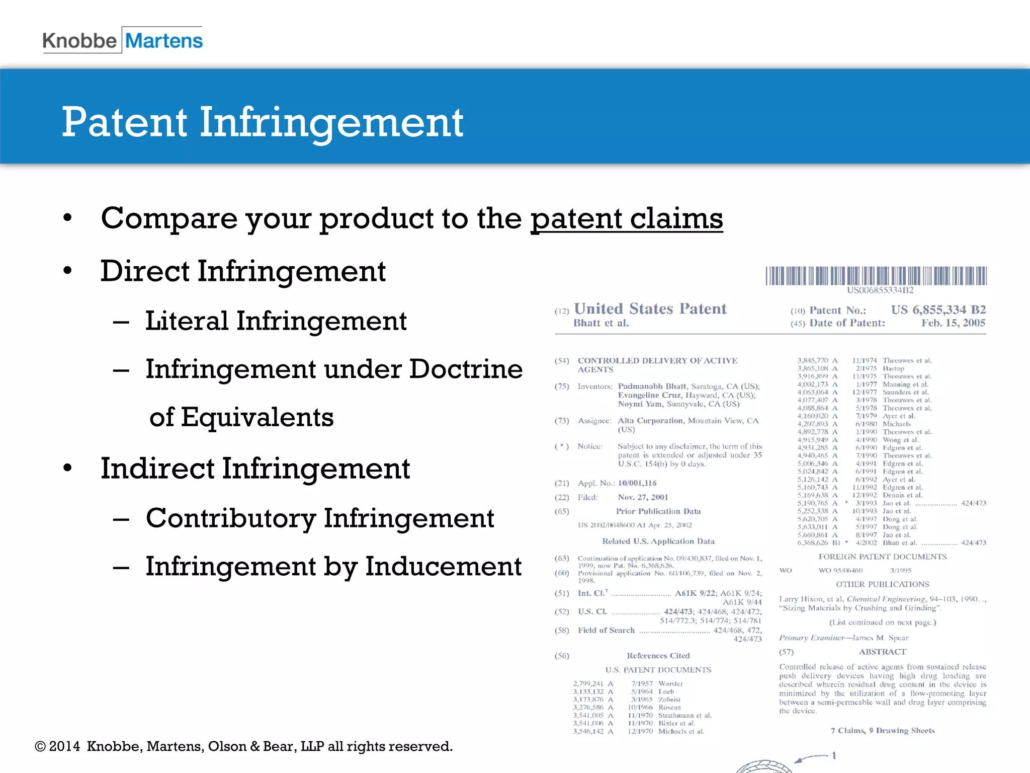 6© 2014 Knobbe, Martens, Olson & Bear, LLP all rights reserved.
Patent Infringement
• Compare your product to the patent claims
• Direct Infringement
– Literal Infringement
– Infringement under Doctrine
of Equivalents
• Indirect Infringement
– Contributory Infringement
– Infringement by Inducement
 