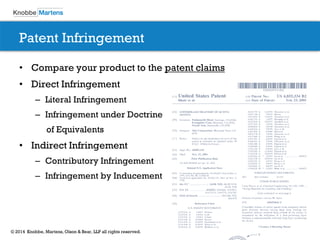 6© 2014 Knobbe, Martens, Olson & Bear, LLP all rights reserved.
Patent Infringement
• Compare your product to the patent claims
• Direct Infringement
– Literal Infringement
– Infringement under Doctrine
of Equivalents
• Indirect Infringement
– Contributory Infringement
– Infringement by Inducement
 