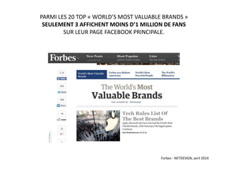 PARMI LES 20 TOP « WORLD’S MOST VALUABLE BRANDS »
SEULEMENT 3 AFFICHENT MOINS D’1 MILLION DE FANS
SUR LEUR PAGE FACEBOOK PRINCIPALE.
Forbes - NETDESIGN, avril 2014
 
