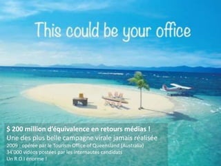 $ 200 million d’équivalence en retours médias !
Une des plus belle campagne virale jamais réalisée
2009 : opérée par le Tourism Office of Queensland (Australia)
34’000 vidéos postées par les internautes candidats
Un R.O.I énorme !
 