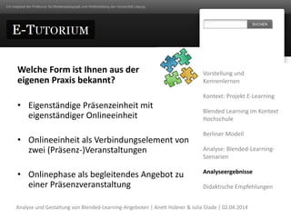 Vorstellung und
Kennenlernen
Kontext: Projekt E-Learning
Blended Learning im Kontext
Hochschule
Berliner Modell
Analyse: B...