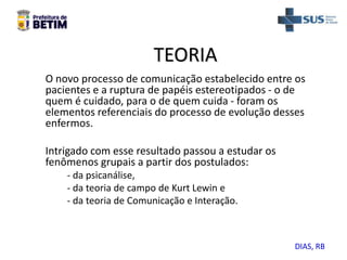 TEORIA
O novo processo de comunicação estabelecido entre os
pacientes e a ruptura de papéis estereotipados - o de
quem é cuidado, para o de quem cuida - foram os
elementos referenciais do processo de evolução desses
enfermos.
Intrigado com esse resultado passou a estudar os
fenômenos grupais a partir dos postulados:
- da psicanálise,
- da teoria de campo de Kurt Lewin e
- da teoria de Comunicação e Interação.
DIAS, RB
 