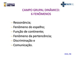 CAMPO GRUPAL DINÂMICO:
6 FENÔMENOS
–Ressonância;
–Fenômeno do espelho;
–Função de continente;
–Fenômeno da pertencência;
–Discriminação e
–Comunicação.
DIAS, RB
 