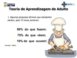 Teoria de Aprendizagem de Adulto
1. Algumas pesquisas afirmam que estudantes
adultos, após 72 horas,,lembram:
• 90% do que fazem;
• 75% do que vêem;
• 10% do que ouvem!
( Knowles - 1980 ))
 