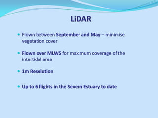 Flown between September and May – minimise vegetation cover 
Flown over MLWS for maximum coverage of the intertidal area 
1m Resolution 
Up to 6 flights in the Severn Estuary to date  