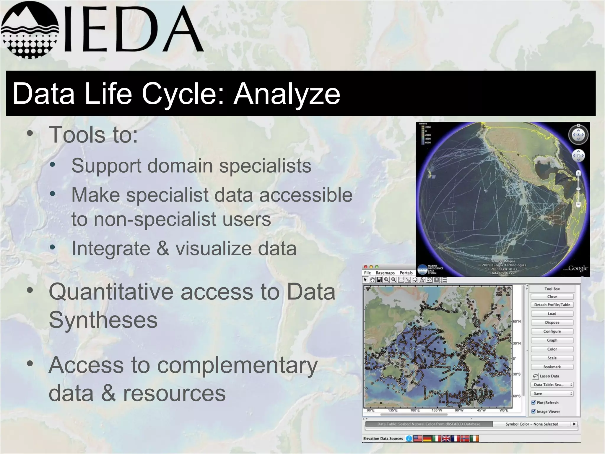Data Life Cycle: Analyze
• Tools to:
• Support domain specialists
• Make specialist data accessible
to non-specialist users
• Integrate & visualize data
• Quantitative access to Data
Syntheses
• Access to complementary
data & resources
 