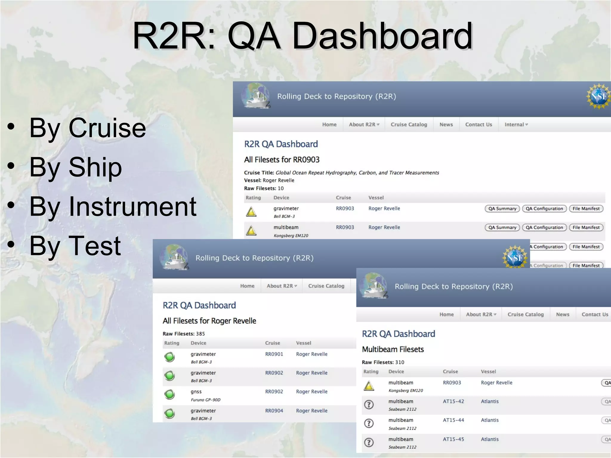 R2R: QA DashboardR2R: QA Dashboard
• By Cruise
• By Ship
• By Instrument
• By Test
 