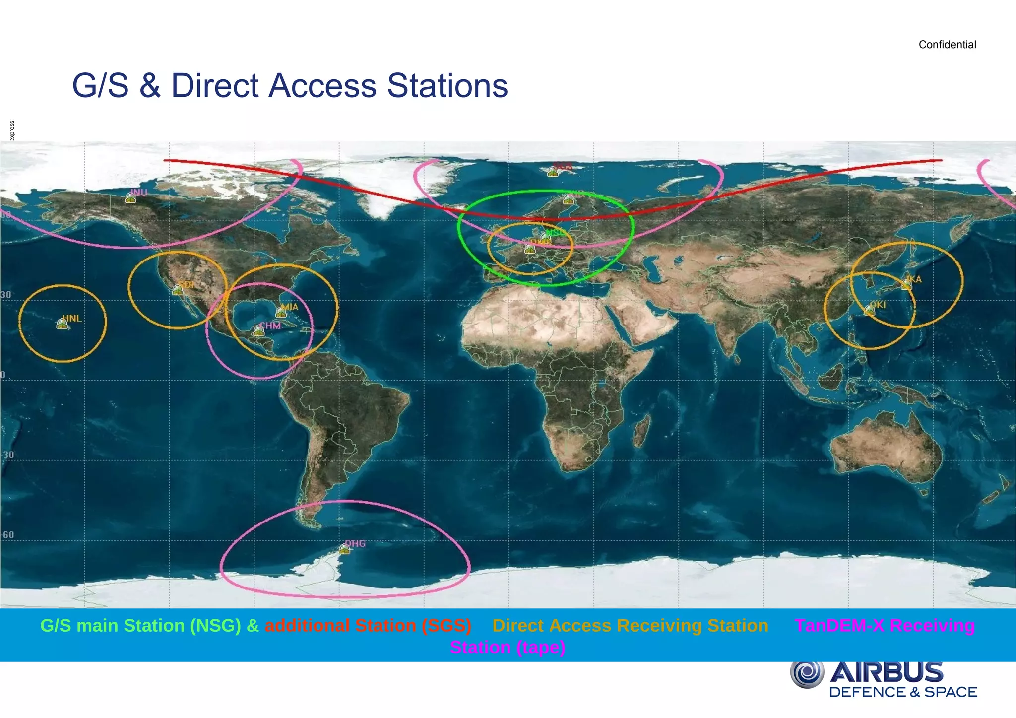 Confidential
©2014AirbusDefenceandSpace–Allrightsreserved.Thereproduction,distributionandutilizationofthisdocumentaswellasthecommunicationofitscontentstootherswithoutexpress
authorizationisprohibited.Offenderswillbeheldliableforthepaymentofdamages.Allrightsreservedintheeventofthegrantofapatent,utilitymodelordesign.
G/S & Direct Access Stations
G/S main Station (NSG) & additional Station (SGS) Direct Access Receiving Station TanDEM-X Receiving
Station (tape)
 