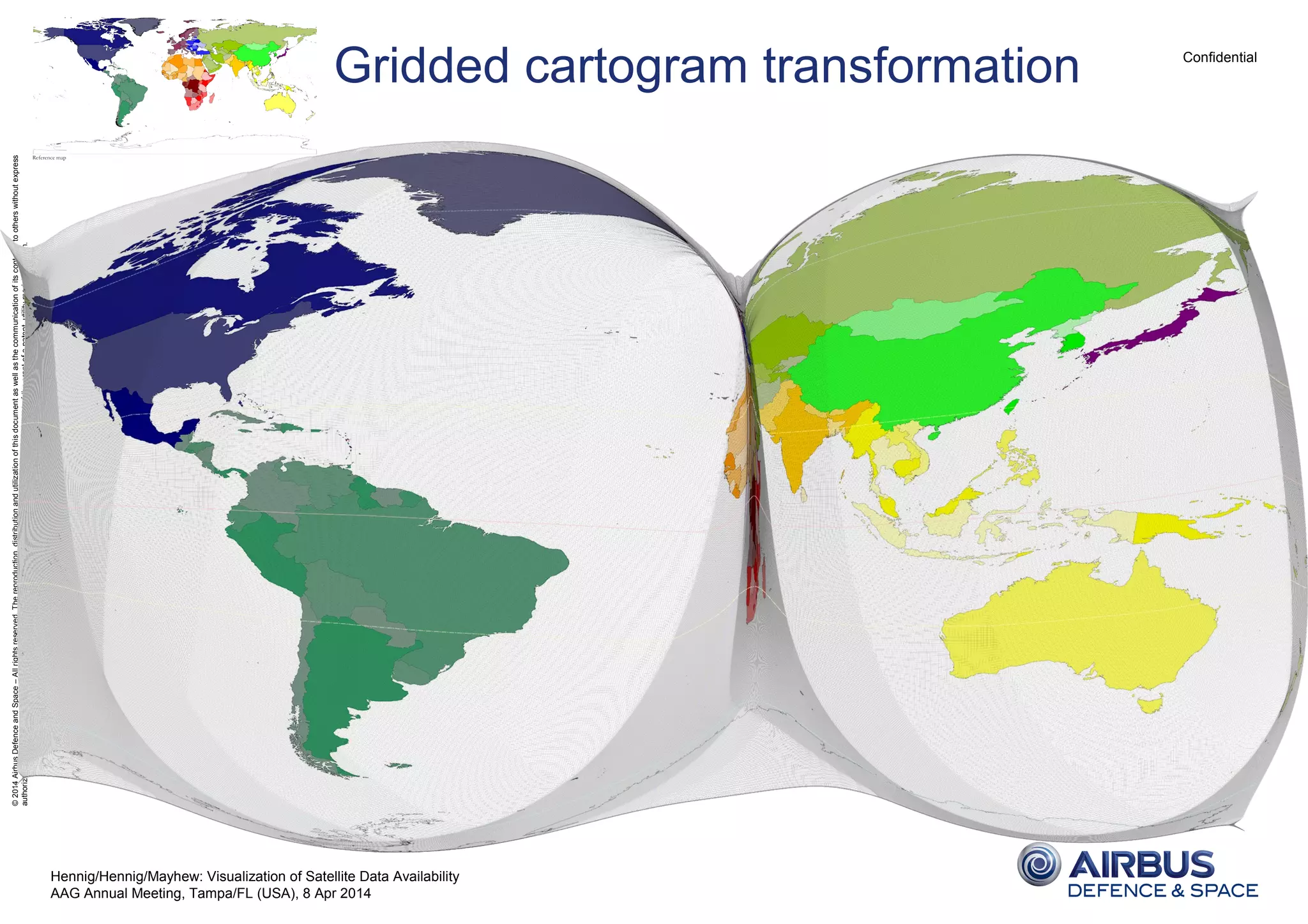 Confidential
©2014AirbusDefenceandSpace–Allrightsreserved.Thereproduction,distributionandutilizationofthisdocumentaswellasthecommunicationofitscontentstootherswithoutexpress
authorizationisprohibited.Offenderswillbeheldliableforthepaymentofdamages.Allrightsreservedintheeventofthegrantofapatent,utilitymodelordesign.
Hennig/Hennig/Mayhew: Visualization of Satellite Data Availability
AAG Annual Meeting, Tampa/FL (USA), 8 Apr 2014
Gridded cartogram transformation
 
