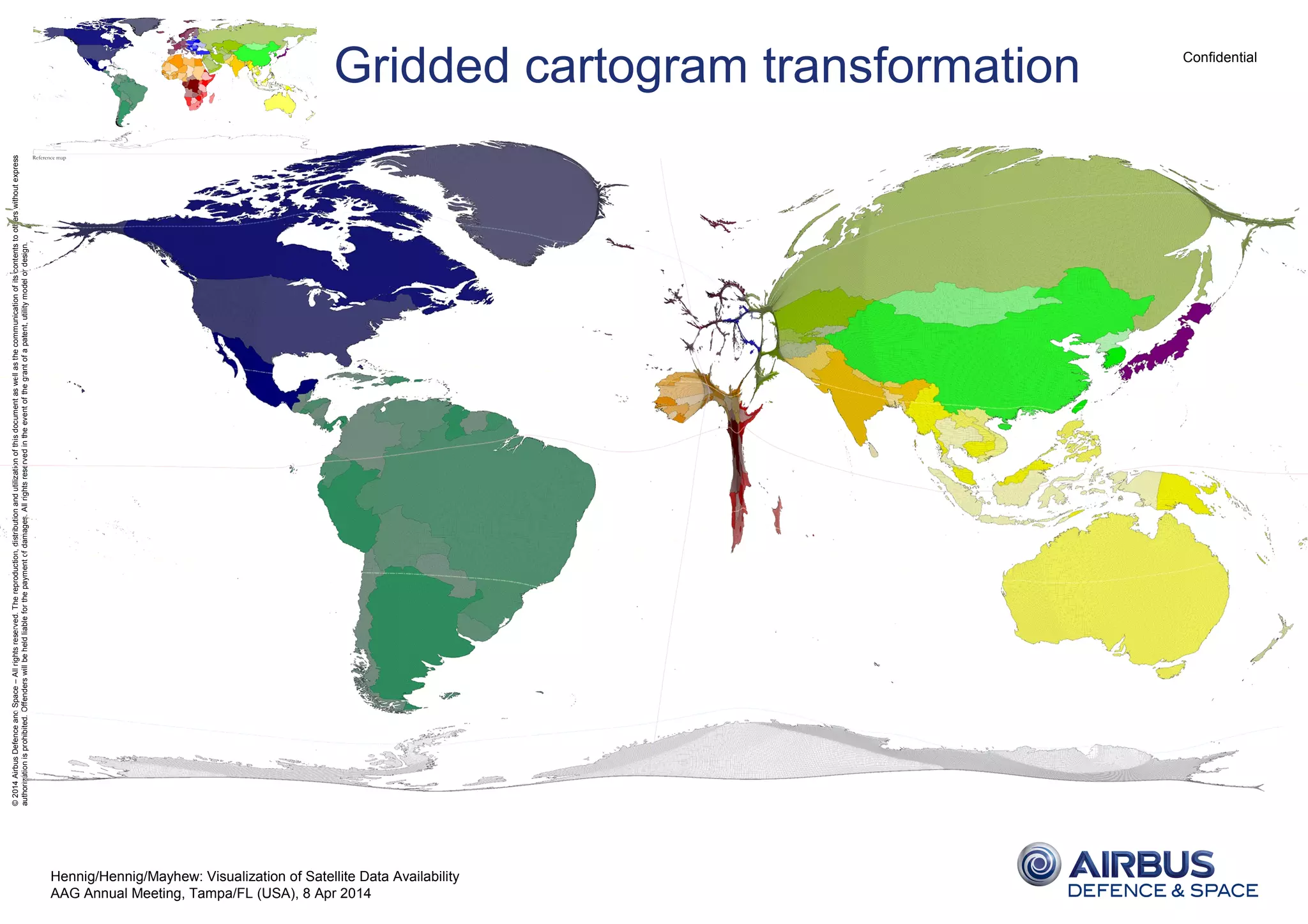 Confidential
©2014AirbusDefenceandSpace–Allrightsreserved.Thereproduction,distributionandutilizationofthisdocumentaswellasthecommunicationofitscontentstootherswithoutexpress
authorizationisprohibited.Offenderswillbeheldliableforthepaymentofdamages.Allrightsreservedintheeventofthegrantofapatent,utilitymodelordesign.
Hennig/Hennig/Mayhew: Visualization of Satellite Data Availability
AAG Annual Meeting, Tampa/FL (USA), 8 Apr 2014
Gridded cartogram transformation
 