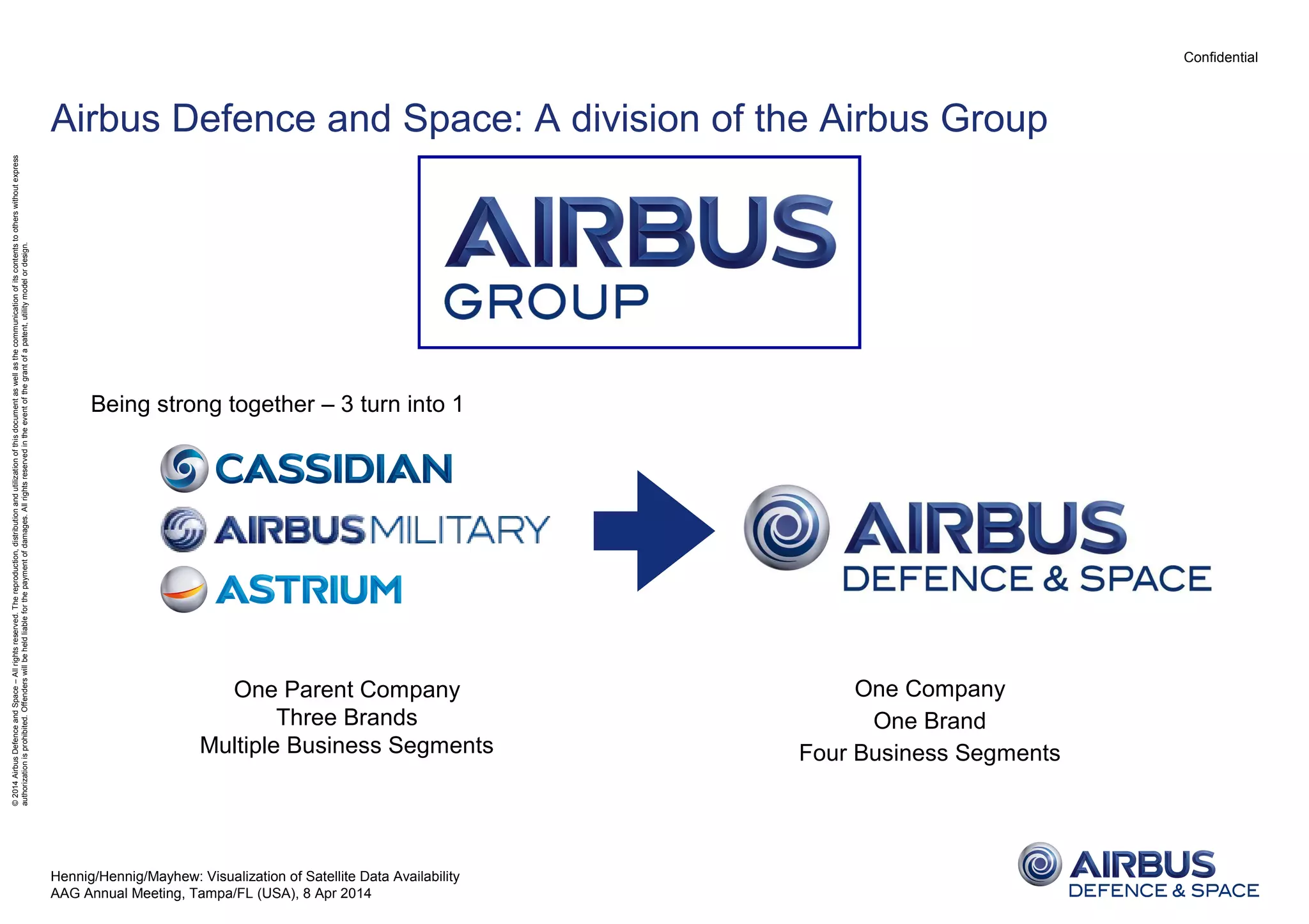 Confidential
©2014AirbusDefenceandSpace–Allrightsreserved.Thereproduction,distributionandutilizationofthisdocumentaswellasthecommunicationofitscontentstootherswithoutexpress
authorizationisprohibited.Offenderswillbeheldliableforthepaymentofdamages.Allrightsreservedintheeventofthegrantofapatent,utilitymodelordesign.
Airbus Defence and Space: A division of the Airbus Group
One Company
One Brand
Four Business Segments
One Parent Company
Three Brands
Multiple Business Segments
Being strong together – 3 turn into 1
Hennig/Hennig/Mayhew: Visualization of Satellite Data Availability
AAG Annual Meeting, Tampa/FL (USA), 8 Apr 2014
 