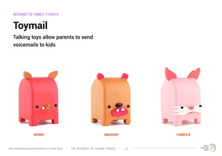 INTERNET OF FAMILY THINGS
Toymail
Talking toys allow parents to send
voicemails to kids
The interNEt of caring thingswww.trendwatching.com/trends/internet-of-caring-things 24
 