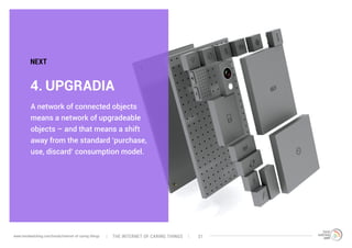 A network of connected objects
means a network of upgradeable
objects – and that means a shift
away from the standard ‘purchase,
use, discard’ consumption model.
4. UPGRADIA
NEXT
The interNEt of caring thingswww.trendwatching.com/trends/internet-of-caring-things 31
 