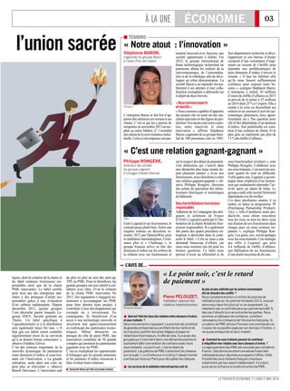 À LA UNE ÉCONOMIE 03
LE PARISIEN ÉCONOMIE I LUNDI 5 MAI 2014
lignes, dont la création de la charte et
du label relations fournisseur res-
ponsables ainsi que de la charte
PME innovantes. Le label certifie
pour trois ans des entreprises atta-
chées à des pratiques d’achat res-
ponsables grâce à une évaluation
d’un cabinet indépendant. Depuis
décembre 2012, quinze groupes
l’ont décroché parmi lesquels Le-
grand, SNCF, Société générale ou
Thales. Un label spécifique à
l’agroalimentaire et à la distribution
sera également lancé fin mai. « Il
faut que ces labels soient contrôlés
régulièrement sinon ils ne serviront
qu’à se donner bonne conscience »,
observe Frédéric Grivot.
L’un des moteurs importants de la
nouvelle dynamique de partenariat
entre donneurs d’ordres et sous-trai-
tants est l’innovation. « La grande
entreprise, seule dans son coin, ne
peut plus se réinventer », observe
Benoît Desveaux. L’innovation naît
de plus en plus au sein des start-up,
TPE ou PME. Pour en bénéficier, les
grands groupes ont tout intérêt à col-
laborer avec elles. D’où la création
de la charte PME innovantes fin
2012. Ses signataires s’engagent no-
tamment à accompagner les PME
pour faire aboutir leurs projets, à
contribuer à leur développement par
exemple en y investissant. En
contrepartie, ils bénéficient d’un
accès à une technologie nouvelle et
sécurisent leur approvisionnement
en renforçant des partenaires écono-
miques. Même démarche ou
presque du côté de pacte PME, une
association constituée de 56 grands
comptes qui promeut les partenariats
gagnants avec les PME.
C’est en multipliant les opportunités
d’échanges que les grands acheteurs
et les preneurs d’ordres réussiront à
faire évoluer leurs relations.
 DOSSIER RÉALISÉ PAR SOLENNE DUROX
(GettyImages/Medioimages/Photodisc.)
l’union sacrée
 TÉMOINS
« Notre atout : l’innovation »
L’entreprise Baron se fait fort d’ap-
porterdessolutionssur-mesureàses
clients. C’est ce qui lui a permis de
remporterennovembre2013untro-
phée au salon Midest, n° 1 mondial
dessalonsdelasous-traitanceindus-
trielle.Celui-cirécompensesonpar-
tenariat innovant avec Snecma, une
société appartenant à Safran. Fin
2012, le groupe international de
haute technologique recherchait un
partenaire alliant les métiers de la
micromécanique, de l’automatisa-
tion et de la robotique afin de déve-
lopper un robot démonstrateur. La
société Baron a su répondre favora-
blement à ses attentes et leur colla-
boration exemplaire a débouché sur
ledépôtdedeuxbrevets.
«Noussommesexperts
etréactifs»
«Noussommescapablesd’apporter
des projets clés en main sur des ma-
chinesspécialesetdeslignesdepro-
duction.Nosatoutssontnotreexper-
tise, notre réactivité et notre
innovation », affirme Stéphanie
Baron,cogérantedecegroupefami-
lial de 300 personnes créé en 1983.
Son département recherche et déve-
loppement et son bureau d’études
composé d’une soixantaine d’ingé-
nieurs ne cessent de s’étoffer pour
répondre aux problématiques de
leurs donneurs d’ordres à travers le
monde. « Il faut les fidéliser afin
qu’ils nous fassent suffisamment
confiance pour exposer leurs be-
soins », souligne Stéphanie Baron.
L’entreprise a réalisé 30 millions
d’eurosdechiffred’affairesen2013
et prévoit de le porter à 35 millions
en 2014 dont 25 % à l’export. Elle a
résisté à la crise en diversifiant ses
métiersetsessecteursd’activité(aé-
ronautique, pharmacie, luxe, agroa-
limentaire etc.). Pas question pour
elle d’être dépendante d’un donneur
d’ordres. Son portefeuille est cons-
titué d’une centaine de clients. Et le
plus gros ne représente pas plus de
13 %duchiffred’affaires.
Stéphanie BARON,
cogérante du groupe Baron
à Calais (Pas-de-Calais)
(Picasa.)
« C’est une relation gagnant-gagnant »
Entre Legrand et ses fournisseurs, le
courant passe plutôt bien. Selon une
enquête réalisée au deuxième se-
mestre 2013 par OpinionWay pour
la médiation interentreprises, Crois-
sance plus et « Challenge », le
groupe français arrive en tête des
donneurs d’ordres sur les critères de
la relation avec ses fournisseurs et
surlerespectdesdélaisdepaiement.
Une distinction qui s’inscrit dans
une démarche plus large menée de-
puis plusieurs années. « Avec nos
fournisseurs,nouscherchonsàcréer
une relation gagnant-gagnant », ob-
serve Philippe Rongère, directeur
des achats du spécialiste des infras-
tructures électriques et numériques
dubâtiment.
UnecharteRelationsfournisseur
responsables
Adhérent de la Compagnie des diri-
geants et acheteurs de France
(CDAF),Legrandaparticipéàl’éla-
boration de la charte Relations four-
nisseur responsables. Il a également
fait partie des quatre premières en-
treprises à décrocher dans la conti-
nuité le label. « Cela ne nous a pas
demandé beaucoup d’efforts, car
nous nous sommes très tôt posé les
bonnes questions. Ce label nous
permet d’avoir un référentiel et de
nous benchmarker (évaluer) », note
Philippe Rongère. Collaborer avec
sessous-traitants,c’estaussilessou-
tenir quand ils sont en difficulté.
Voilà quatre ans, Legrand a accom-
pagné deux employés d’un fournis-
seur qui souhaitaient reprendre l’ac-
tivité après un dépôt de bilan. Le
groupeaaidécettesociétéfortement
dépendanteàsediversifier.
Ces deux prochaines années, il va
mettre en place le programme 3P
(Purchasing Partnership Producti-
vity). « Afin d’améliorer notre pro-
ductivité, nous allons rencontrer
tous les mois ou tous les deux mois
unedizainedenosfournisseursdans
chaque pays où nous sommes im-
plantés », explique Philippe Ron-
gère. Les gains, eux, seront partagés
aveclessous-traitants.Unestratégie
qui offre à Legrand, qui pèse
4,4 milliards de chiffre d’affaires,
une fidélisation de ses fournisseurs
d’uneduréemoyennededixans.
Philippe RONGÈRE,
directeur des achats
du groupe Legrand
à Limoges (Haute-Vienne)
(DR.)
Pierre PELOUZET,
médiateur national des
relations interentreprises
 Quelestl’étatdeslieuxdesrelationsentredonneursd’ordres
etsous-traitants ?
Deuxmouvementss’opposent.Lepremierestconstitué
degrandesentreprisesquiprofitentdeleurtailleetde
lacrisepourjustifierdesactesillégauxetpayeren
retardleursfournisseurs.Acôtédecela,ilyaaussides
groupesquis’inscriventdansunedémarchepositiveet
souhaitentbâtirunerelationdeconfianceavecleurs
sous-traitants.Lepointnoir,c’estleretardde
paiement.LespatronsdePMEs’arrachentlescheveux
surcesujet.L’und’entreeuxm’aditqu’ildevaitmonter
unefoisparmoissurParispourrécupérerleschèques.
 Lesservicesdelamédiationinterentreprisessont-ils
deplusenplussollicitésparlesacteurséconomiques
afinderésoudredesconflits ?
Nouscomptonsenvironunmillierdesaisinesde
médiationparan.Aupremiertrimestre2014,nousen
avonsreçudeuxfoisplusqu’unanauparavant.La
médiationestunoutilfabuleuxquipermetdans80 %
descasd’aboutiràunaccordentrelesparties.Nous
sommesunbâtisseurdeconfiance,condition
nécessaireàlacroissancedel’économiefrançaise.Si
unpatrondePMErefused’honorerunecommandecar
ilapeurdenepasêtrepayéparsondonneurd’ordres,il
nevapasembaucheretdoncinvestir.
 Commentlessous-traitantspeuvent-ilscontribuer
àrééquilibrerleurrelationavecleursdonneursd’ordres ?
LeregroupementdesPMEestunepistepeuutiliséeen
France.Celadonnepourtantuneassisefinancière
intéressantepourrépondreauxappelsd’offres.Cette
frilositédessous-traitantsfrançaiss’explique
notammentparleurespritindépendant.Ilyadonc
aussidelaconfianceàconstruireentrelesPME.
(François Girard.)
L’AVIS DE...
« Le point noir, c’est le retard
de paiement »
 