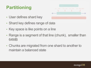 Partitioning
• User defines shard key
• Shard key defines range of data
• Key space is like points on a line
• Range is a segment of that line (chunk), smaller than
64MB
• Chunks are migrated from one shard to another to
maintain a balanced state
 