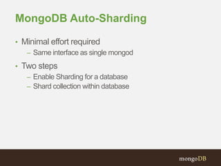 MongoDB Auto-Sharding
• Minimal effort required
– Same interface as single mongod
• Two steps
– Enable Sharding for a database
– Shard collection within database
 