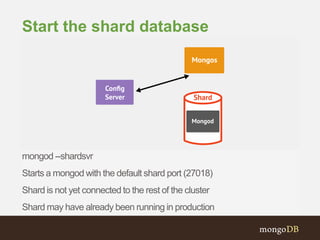 mongod --shardsvr
Starts a mongod with the default shard port (27018)
Shard is not yet connected to the rest of the cluster
Shard may have already been running in production
Start the shard database
 