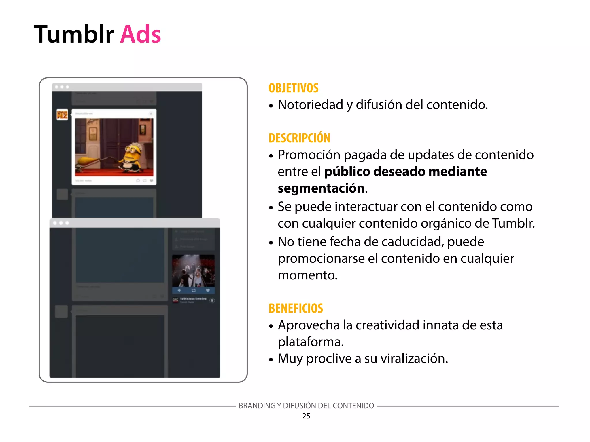 BRANDING Y DIFUSIÓN DEL CONTENIDO
25
Tumblr Ads
OBJETIVOS
• Notoriedad y difusión del contenido.
DESCRIPCIÓN
• Promoción pagada de updates de contenido
entre el público deseado mediante
segmentación.
• Se puede interactuar con el contenido como
con cualquier contenido orgánico de Tumblr.
• No tiene fecha de caducidad, puede
promocionarse el contenido en cualquier
momento.
BENEFICIOS
• Aprovecha la creatividad innata de esta
plataforma.
• Muy proclive a su viralización.
 
