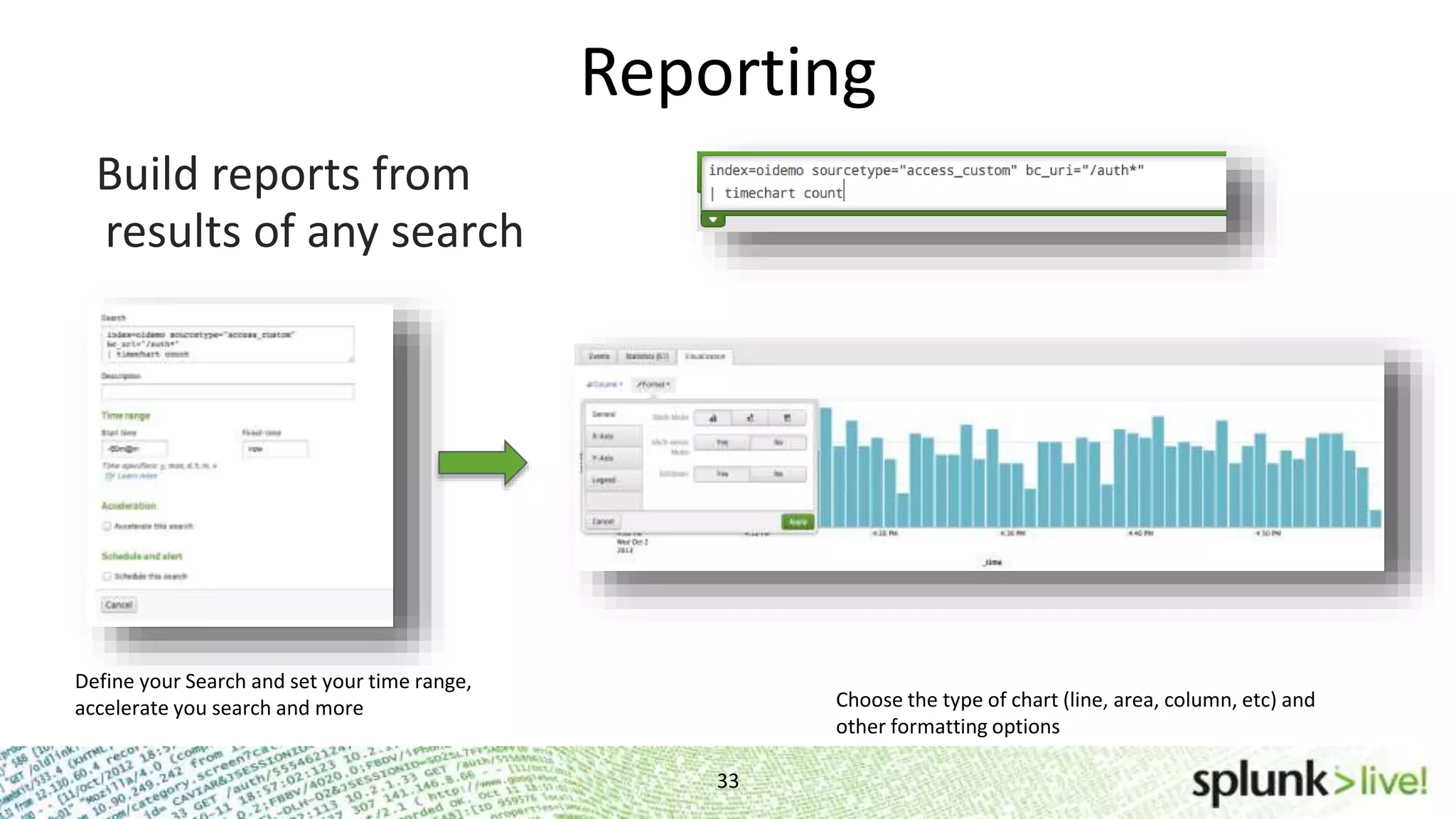 Reporting 33 results of any search Define your Search and set your time range, accelerate you search and more Choose the type of chart (line, area, column, etc) and other formatting options Build reports from 