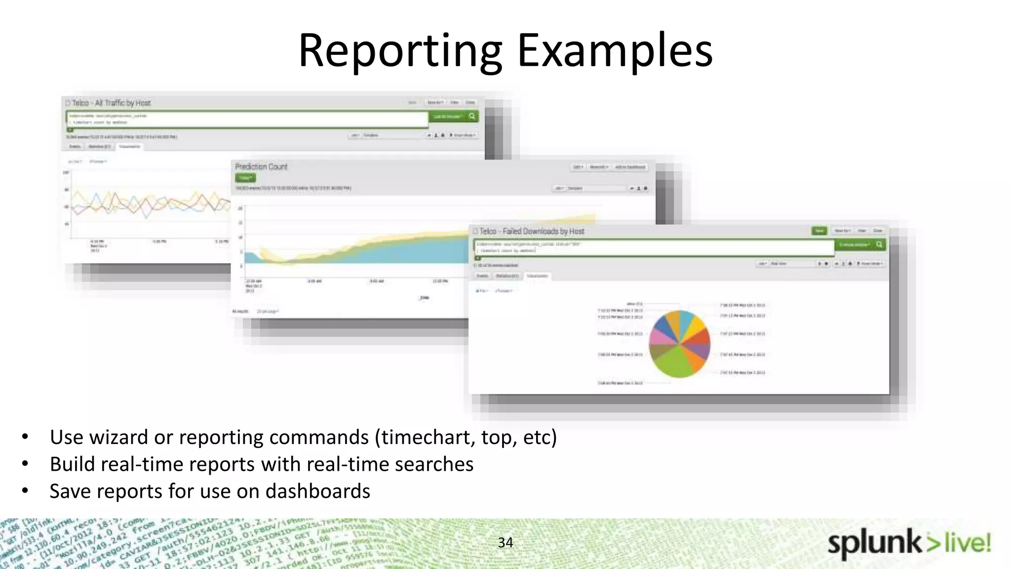 Reporting Examples 34 • Use wizard or reporting commands (timechart, top, etc) • Build real-time reports with real-time searches • Save reports for use on dashboards 
