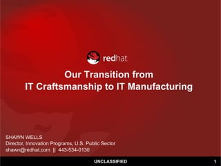 Our Transition from
IT Craftsmanship to IT Manufacturing
SHAWN WELLS
Director, Innovation Programs, U.S. Public Sector
shawn@redhat.com || 443-534-0130
1UNCLASSIFIED
 