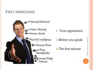 FIRST IMPRESSIONS
11
Gestures:yourbodyspeaks
 Your appearance
 Before you speak
 The first minute
 