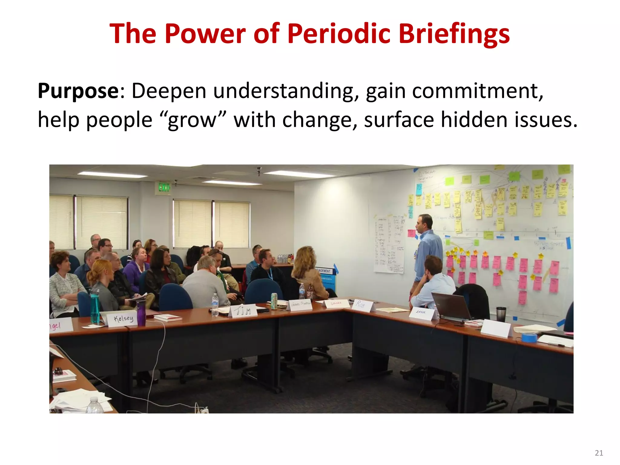 The Power of Periodic Briefings
21
Purpose: Deepen understanding, gain commitment,
help people “grow” with change, surface hidden issues.
 