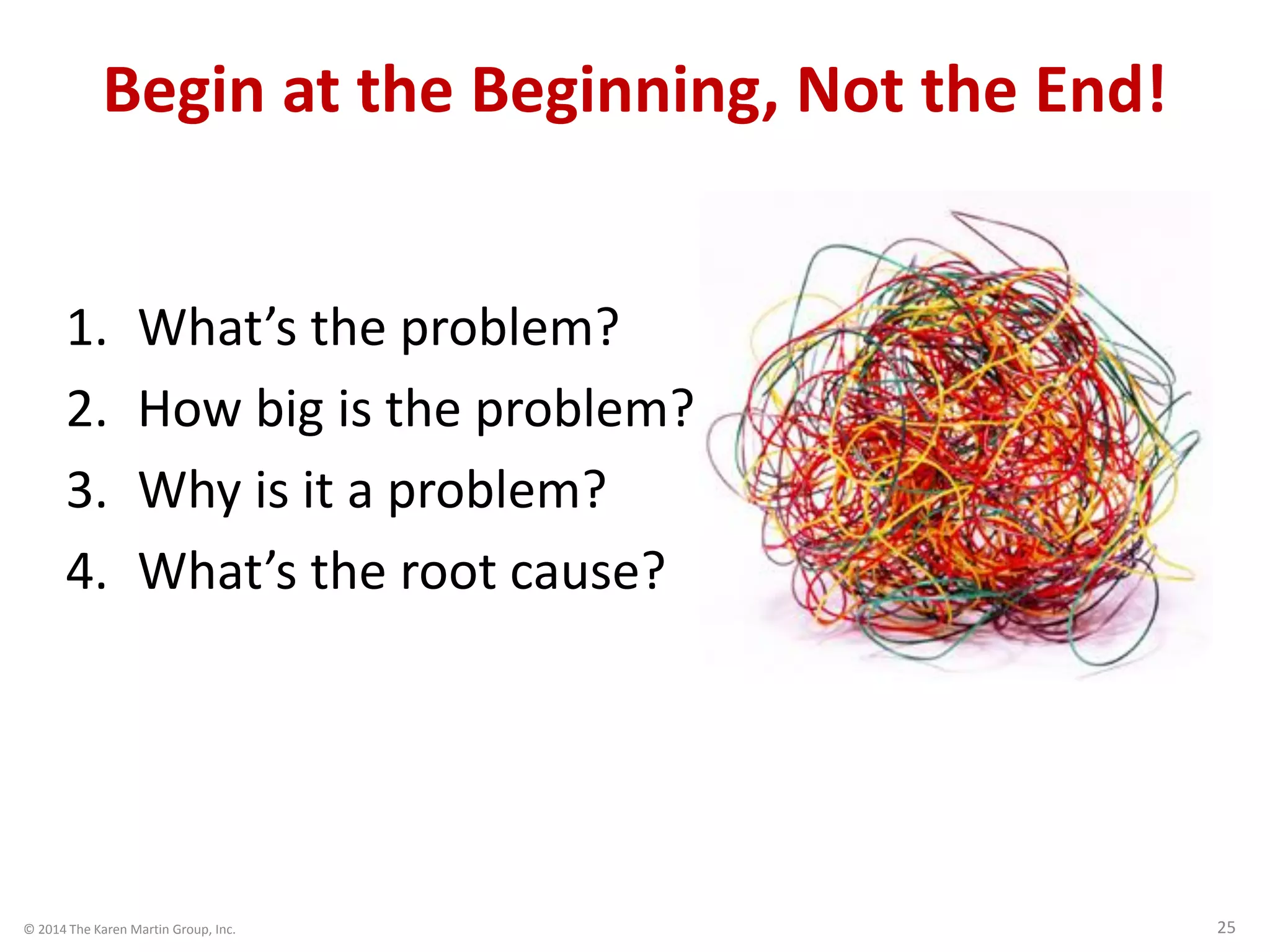 © 2014 The Karen Martin Group, Inc. 25
Begin at the Beginning, Not the End!
1. What’s the problem?
2. How big is the problem?
3. Why is it a problem?
4. What’s the root cause?
 