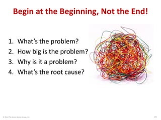 © 2014 The Karen Martin Group, Inc. 25
Begin at the Beginning, Not the End!
1. What’s the problem?
2. How big is the problem?
3. Why is it a problem?
4. What’s the root cause?
 