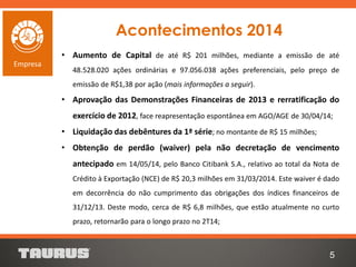 Acontecimentos 2014
• Aumento de Capital de até R$ 201 milhões, mediante a emissão de até
48.528.020 ações ordinárias e 97.056.038 ações preferenciais, pelo preço de
emissão de R$1,38 por ação (mais informações a seguir).
• Aprovação das Demonstrações Financeiras de 2013 e rerratificação do
exercício de 2012, face reapresentação espontânea em AGO/AGE de 30/04/14;
• Liquidação das debêntures da 1ª série; no montante de R$ 15 milhões;
• Obtenção de perdão (waiver) pela não decretação de vencimento
antecipado em 14/05/14, pelo Banco Citibank S.A., relativo ao total da Nota de
Crédito à Exportação (NCE) de R$ 20,3 milhões em 31/03/2014. Este waiver é dado
em decorrência do não cumprimento das obrigações dos índices financeiros de
31/12/13. Deste modo, cerca de R$ 6,8 milhões, que estão atualmente no curto
prazo, retornarão para o longo prazo no 2T14;
5
Empresa
 