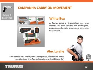 32
Considerado uma revelação no tiro esportivo, Alex Larch é a nova
contratação do time Taurus liderado pela Capitã Jessie Duff
Alex Larche
A Taurus passa a disponibilizar aos seus
clientes um novo conceito em embalagens,
proporcionando maior segurança e percepção
de qualidade.
White Box
CAMPANHA CARRY ON MOVEMENT
Defesa &
Segurança
 