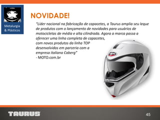 45
NOVIDADE!
“Líder nacional na fabricação de capacetes, a Taurus amplia seu leque
de produtos com o lançamento de novidades para usuários de
motocicletas de média e alta cilindrada. Agora a marca passa a
oferecer uma linha completa de capacetes,
com novos produtos da linha TOP
desenvolvidos em parceria com a
empresa italiana Caberg”
- MOTO.com.br
Metalurgia
& Plásticos
 