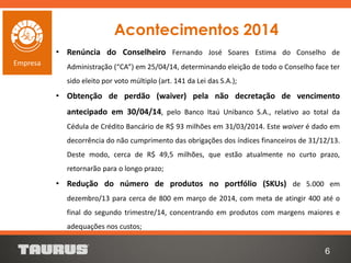 Acontecimentos 2014
• Renúncia do Conselheiro Fernando José Soares Estima do Conselho de
Administração (“CA”) em 25/04/14, determinando eleição de todo o Conselho face ter
sido eleito por voto múltiplo (art. 141 da Lei das S.A.);
• Obtenção de perdão (waiver) pela não decretação de vencimento
antecipado em 30/04/14, pelo Banco Itaú Unibanco S.A., relativo ao total da
Cédula de Crédito Bancário de R$ 93 milhões em 31/03/2014. Este waiver é dado em
decorrência do não cumprimento das obrigações dos índices financeiros de 31/12/13.
Deste modo, cerca de R$ 49,5 milhões, que estão atualmente no curto prazo,
retornarão para o longo prazo;
• Redução do número de produtos no portfólio (SKUs) de 5.000 em
dezembro/13 para cerca de 800 em março de 2014, com meta de atingir 400 até o
final do segundo trimestre/14, concentrando em produtos com margens maiores e
adequações nos custos;
6
Empresa
 
