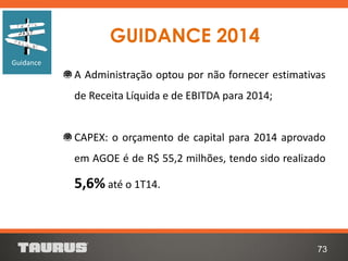 GUIDANCE 2014
73
Guidance
A Administração optou por não fornecer estimativas
de Receita Líquida e de EBITDA para 2014;
CAPEX: o orçamento de capital para 2014 aprovado
em AGOE é de R$ 55,2 milhões, tendo sido realizado
5,6% até o 1T14.
 