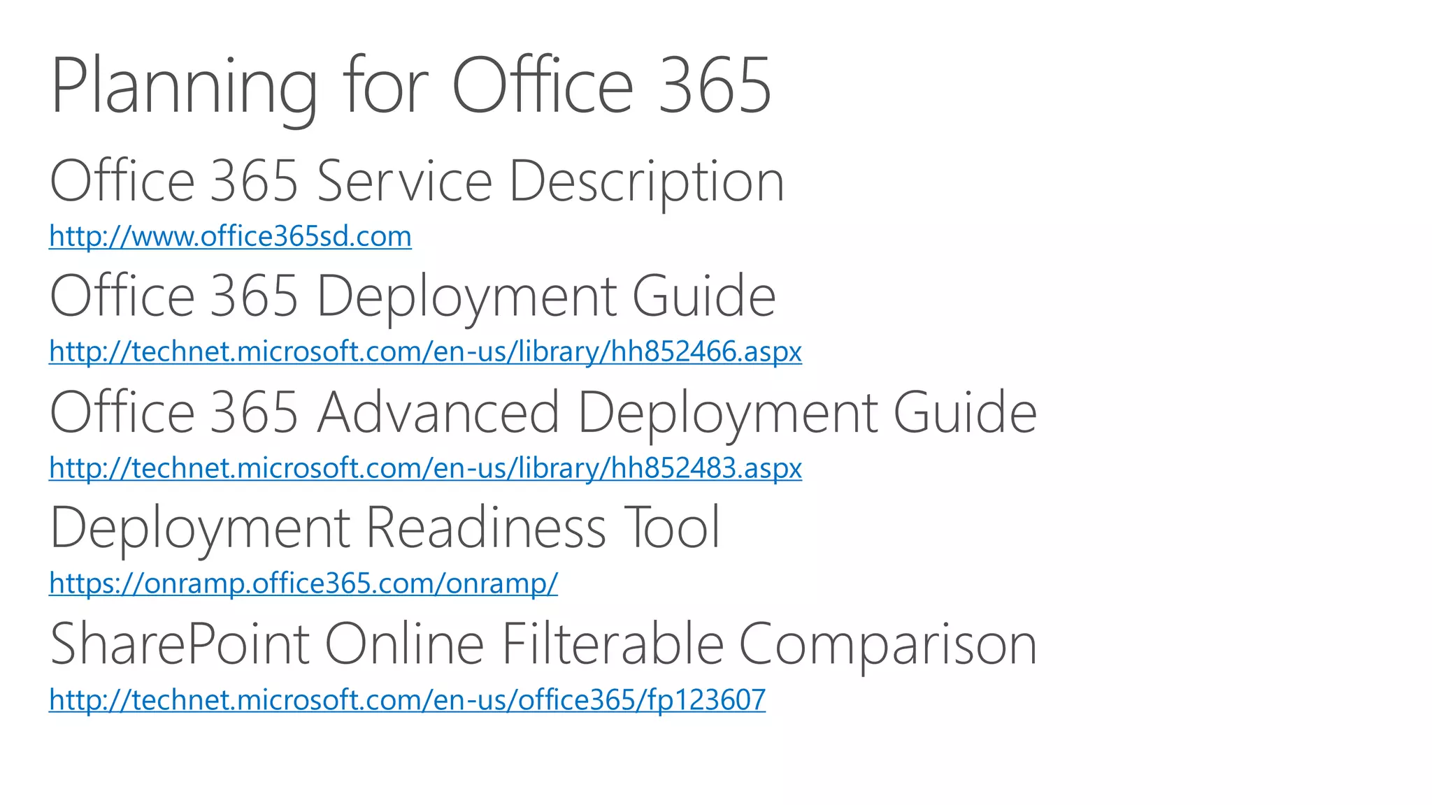 http://www.office365sd.com
http://technet.microsoft.com/en-us/library/hh852466.aspx
http://technet.microsoft.com/en-us/library/hh852483.aspx
https://onramp.office365.com/onramp/
http://technet.microsoft.com/en-us/office365/fp123607
 