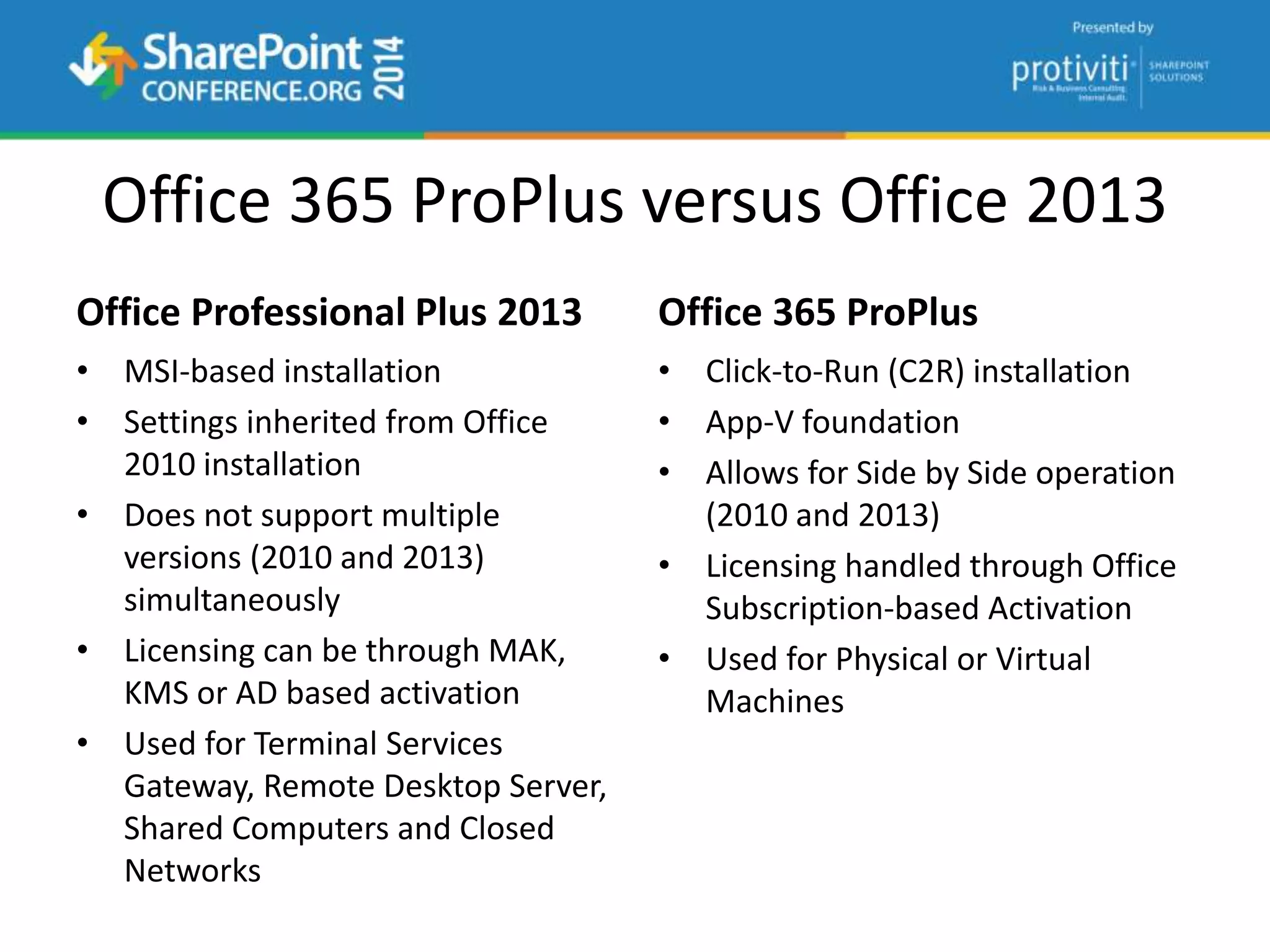 Office 365 ProPlus versus Office 2013
Office Professional Plus 2013
• MSI-based installation
• Settings inherited from Office
2010 installation
• Does not support multiple
versions (2010 and 2013)
simultaneously
• Licensing can be through MAK,
KMS or AD based activation
• Used for Terminal Services
Gateway, Remote Desktop Server,
Shared Computers and Closed
Networks
Office 365 ProPlus
• Click-to-Run (C2R) installation
• App-V foundation
• Allows for Side by Side operation
(2010 and 2013)
• Licensing handled through Office
Subscription-based Activation
• Used for Physical or Virtual
Machines
 