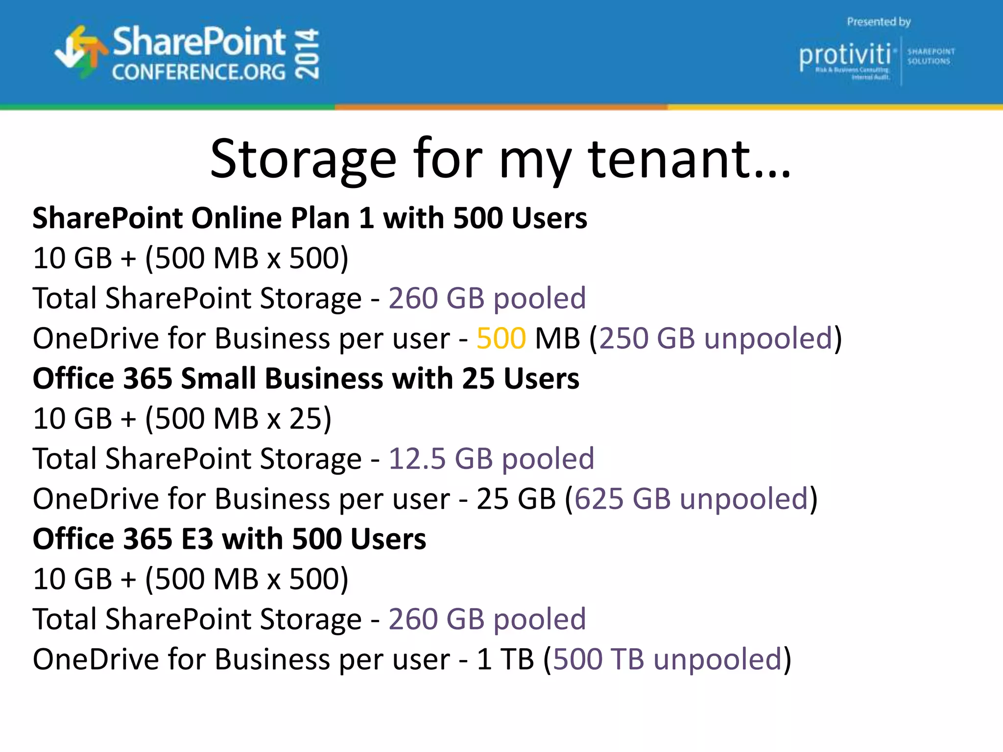 SharePoint Online Plan 1 with 500 Users
10 GB + (500 MB x 500)
Total SharePoint Storage - 260 GB pooled
OneDrive for Business per user - 500 MB (250 GB unpooled)
Office 365 Small Business with 25 Users
10 GB + (500 MB x 25)
Total SharePoint Storage - 12.5 GB pooled
OneDrive for Business per user - 25 GB (625 GB unpooled)
Office 365 E3 with 500 Users
10 GB + (500 MB x 500)
Total SharePoint Storage - 260 GB pooled
OneDrive for Business per user - 1 TB (500 TB unpooled)
Storage for my tenant…
 