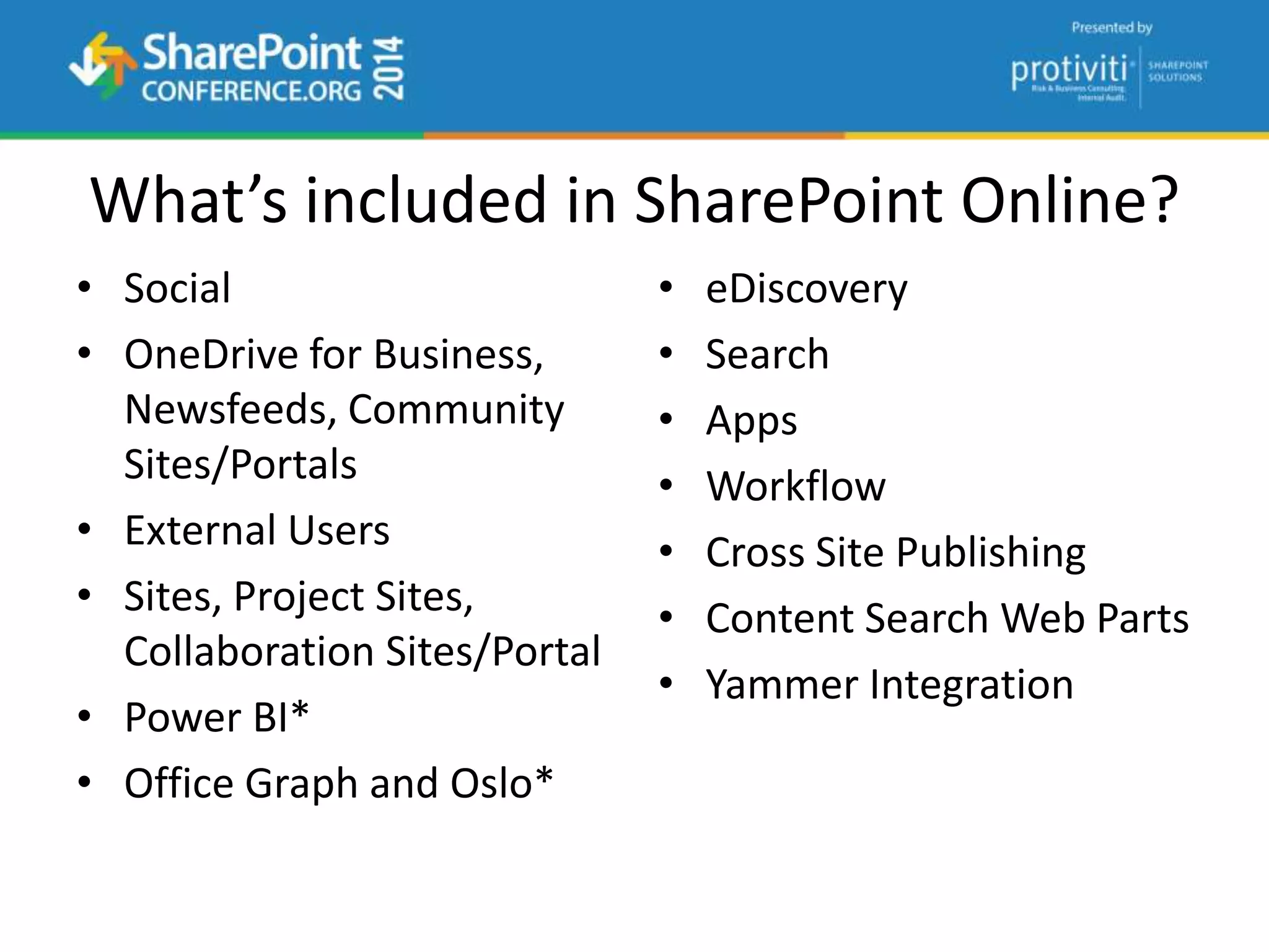 What’s included in SharePoint Online?
• Social
• OneDrive for Business,
Newsfeeds, Community
Sites/Portals
• External Users
• Sites, Project Sites,
Collaboration Sites/Portal
• Power BI*
• Office Graph and Oslo*
• eDiscovery
• Search
• Apps
• Workflow
• Cross Site Publishing
• Content Search Web Parts
• Yammer Integration
 