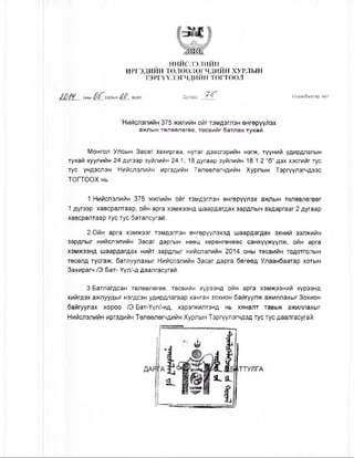 нийслэлийн
ИРГЭДИЙН ТӨЛӨӨЛӨГЧДИЙН ХУРЛЫН
ТЭРГҮҮЛЭГЧДИЙН ТОГТООЛ
оны сарын өдөр Дугаар Улаанбаатар хот
Нийслэлийн 375 жилийн ойг тэмдэглэн өнгөрүүЛэх
ажлын төлөвлөгөө, төсвийг батлах тухай
Монгол Улсын Засаг захиргаа, нутаг дэвсгэрийн нэгж, түүний удирдлагын
тухай хуулийн 24 дүгээр зүйлийн 24.1, 18 дугаар зүйлийн 18.1.2 “б” дэх хэсгийг тус
тус үндэслэн Нийслэлийн иргэдийн Төлөөлөгчдийн Хурлын Тэргүүлэгчдээс
ТОГТООХ нь:
1.Нийслэлийн 375 жилийн ойг тэмдэглэн өнгөрүүлэх ажлын төлөвлөгөөг
1 дүгээр хавсралтаар, ойн арга хэмжээнд шаардагдах зардлын задаргааг 2 дугаар
хавсралтаар тус тус баталсугай.
2.0йн арга хэмжээг тэмдэглэн өнгөрүүлэхэд шаардагдах эхний ээлжийн
зардлыг нийслэлийн Засаг даргын нөөц хөрөнгөнөөс санхүүжүүлж, ойн арга
хэмжээнд шаардагдах нийт зардлыг нийслэлийн 2014 оны төсвийн тодотголын
төсөлд тусгаж, батлуулахыг Нийслэлийн Засаг дарга бөгөөд Улаанбаатар хотын
Захирагч /Э.Бат- Үүл/-д даалгасугай.
З.Батлагдсан төлөвлөгөө, төсвийн хүрээнд ойн арга хэмжээний хүрээнд
хийгдэх ажлуудыг нэгдсэн удирдлагаар ханган зохион байгуулж ажиллахыг Зохион
байгуулах хороо /Э.Бат-Үүл/-нд, хэрэгжилтэнд нь хяналт тавьж ажиллахыг
Нийслэлийн иргэдийн Төлөөлөгчдийн Хурлын Тэргүүлэгчдэд тус тус даалгасугай.
 