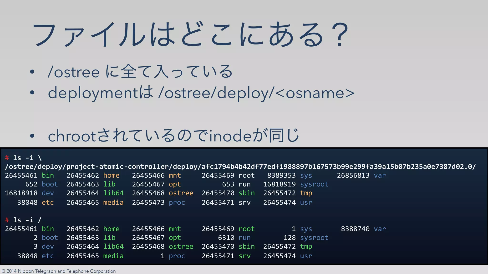 © 2014 Nippon Telegraph and Telephone Corporation
•! /ostree ✄ ✁✂☎✁✆✝
•! deployment✞/ostree/deploy/<osname>
•! chroot✟✠✁✆✝✡☛inode☞✌✍
!"!"#$%#&##
'(")*++',+-!(.'-*(/+0)$1)(2%0$0(3)*(!!+*',+-!(.'14056789898:,466+,457;;;7695<6=6>977+:7741>715=9?69:>=1?+6>;6,?:@?'#
@FE;;EF="2&."""@FE;;EF@"4+#*"""@FE;;EFF"#.)"""""@FE;;EFC"'++)"""GDGCD;D",(,""""""@FG;FG=D"3-'"
"""""F;@"2++)""@FE;;EFD"1&2""""@FE;;EF:"+5)""""""""""F;D"'7."""=FG=GC=C",(,'++)"
=FG=GC=G"%*3"""@FE;;EFE"1&2FE""@FE;;EFG"+,)'**""@FE;;E:9",2&.""@FE;;E:@")#5"
"""DG9EG"*)6"""@FE;;EF;"#*%&-""@FE;;E:D"5'+6""""@FE;;E:=",'3"""@FE;;E:E"7,'"
"
!"!"#$%#'#
@FE;;EF="2&."""@FE;;EF@"4+#*"""@FE;;EFF"#.)"""""@FE;;EFC"'++)"""""""""=",(,"""""""GDGG:E9"3-'"
"""""""@"2++)""@FE;;EFD"1&2""""@FE;;EF:"+5)"""""""""FD=9"'7.""""""""=@G",(,'++)"
"""""""D"%*3"""@FE;;EFE"1&2FE""@FE;;EFG"+,)'**""@FE;;E:9",2&.""@FE;;E:@")#5"
"""DG9EG"*)6"""@FE;;EF;"#*%&-"""""""""="5'+6""""@FE;;E:=",'3"""@FE;;E:E"7,'
 