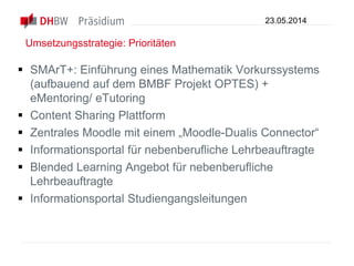 Umsetzungsstrategie: Prioritäten
 SMArT+: Einführung eines Mathematik Vorkurssystems
(aufbauend auf dem BMBF Projekt OPTES) +
eMentoring/ eTutoring
 Content Sharing Plattform
 Zentrales Moodle mit einem „Moodle-Dualis Connector“
 Informationsportal für nebenberufliche Lehrbeauftragte
 Blended Learning Angebot für nebenberufliche
Lehrbeauftragte
 Informationsportal Studiengangsleitungen
23.05.2014
 