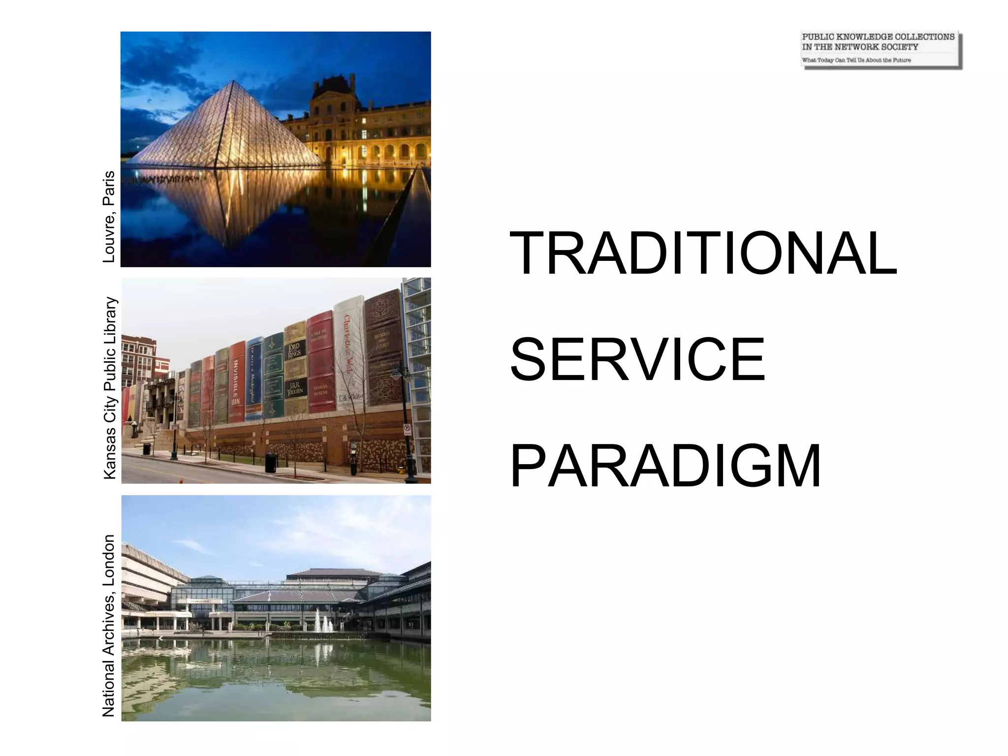 TRADITIONAL
SERVICE
PARADIGM
Louvre,ParisKansasCityPublicLibraryNationalArchives,London
 