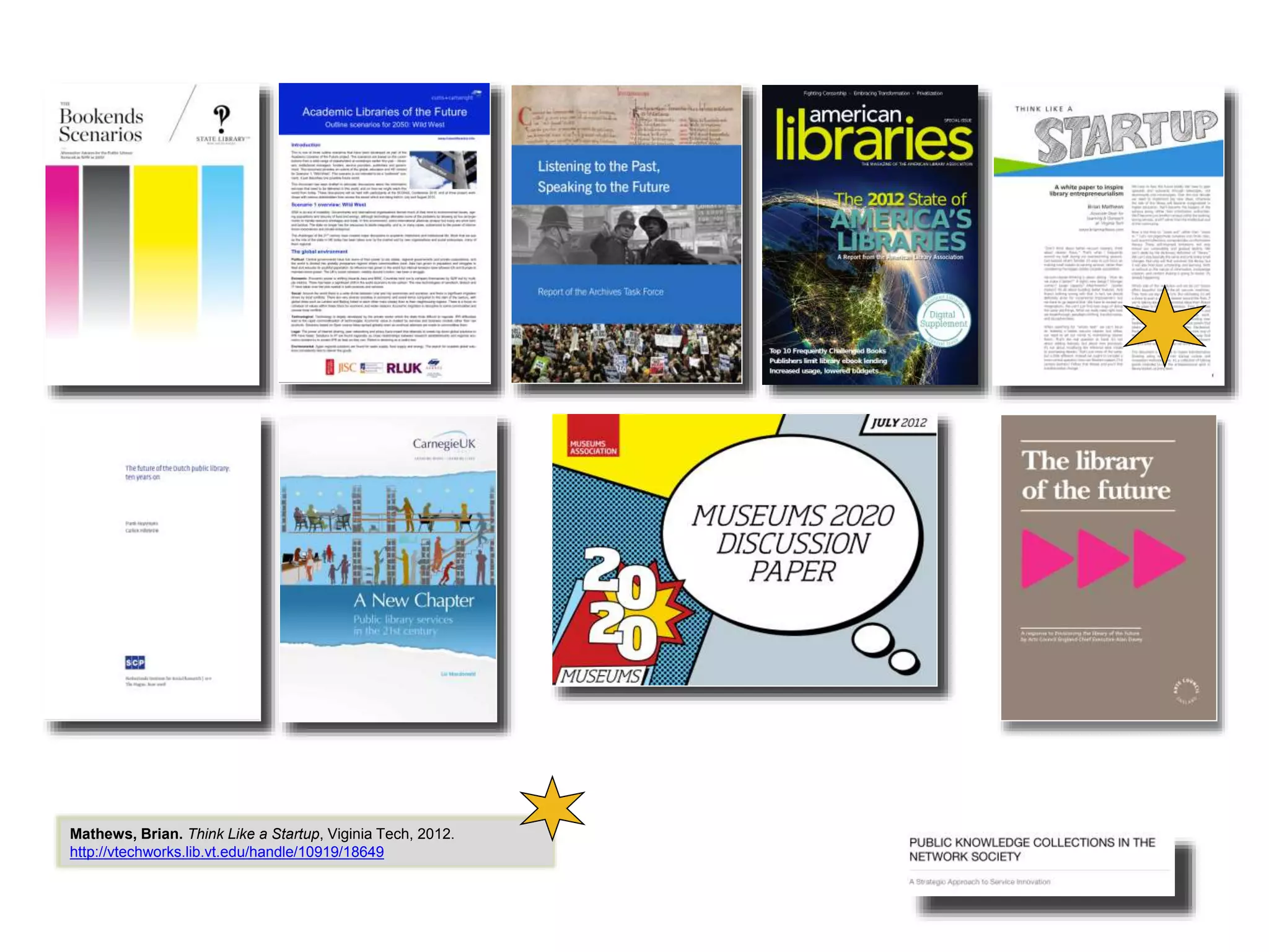 Mathews, Brian. Think Like a Startup, Viginia Tech, 2012.
http://vtechworks.lib.vt.edu/handle/10919/18649
 