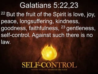 Galatians 5:22,23
22 But the fruit of the Spirit is love, joy,
peace, longsuffering, kindness,
goodness, faithfulness, 23 gentleness,
self-control. Against such there is no
law.
 