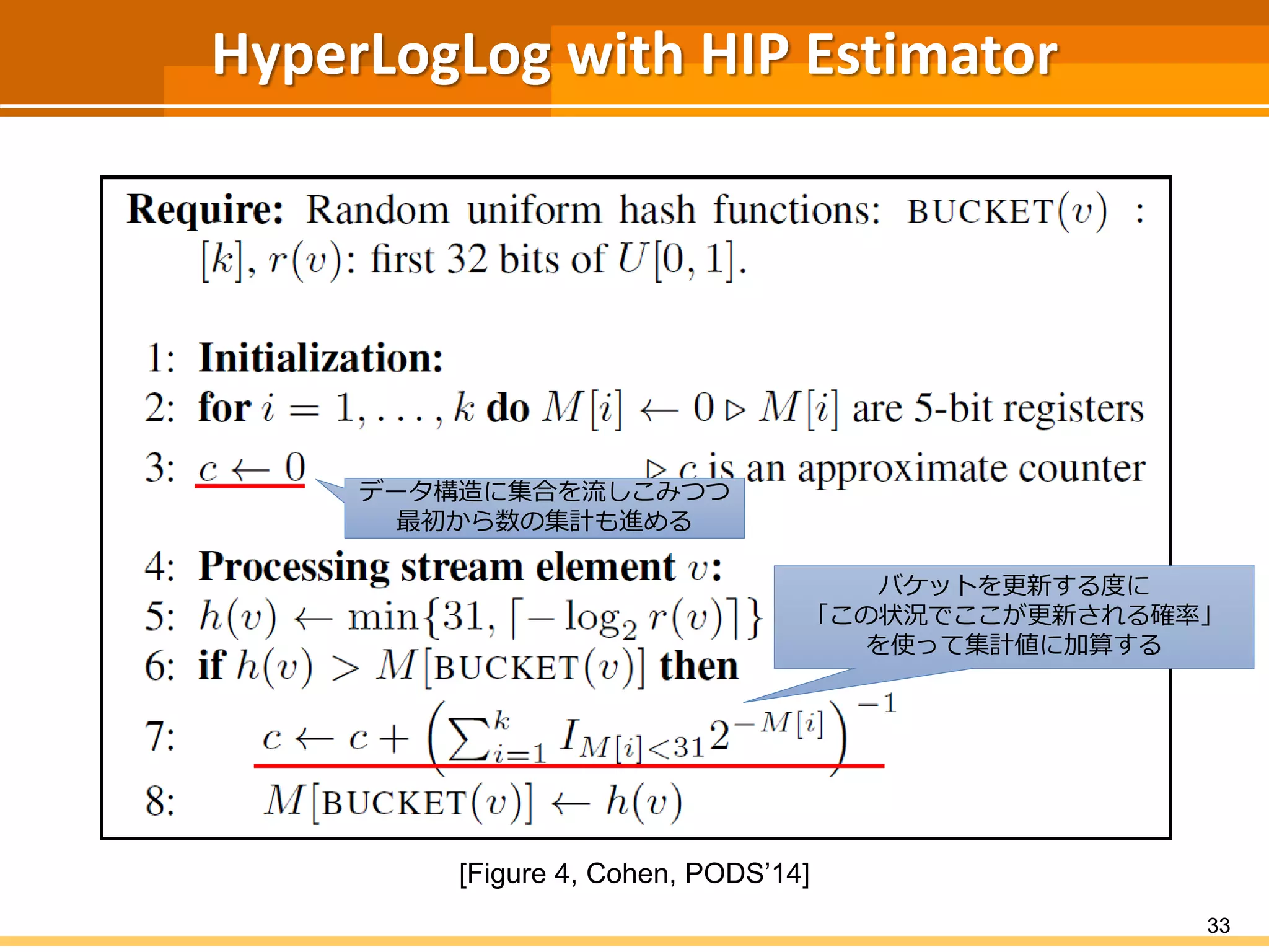 HyperLogLog with HIP Estimator
33
[Figure 4, Cohen, PODS’14]
データ構造に集合を流しこみつつ
最初から数の集計も進める
バケットを更新する度に
「この状況でここが更新される確率」
を使って集計値に加算する
 
