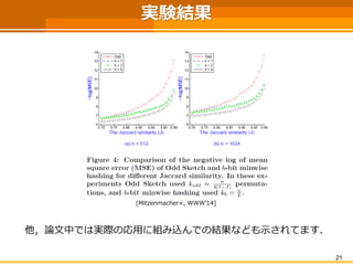 実験結果
他，論文中では実際の応用に組み込んでの結果なども示されてます．
21
[Mitzenmacher+, WWW’14]
 