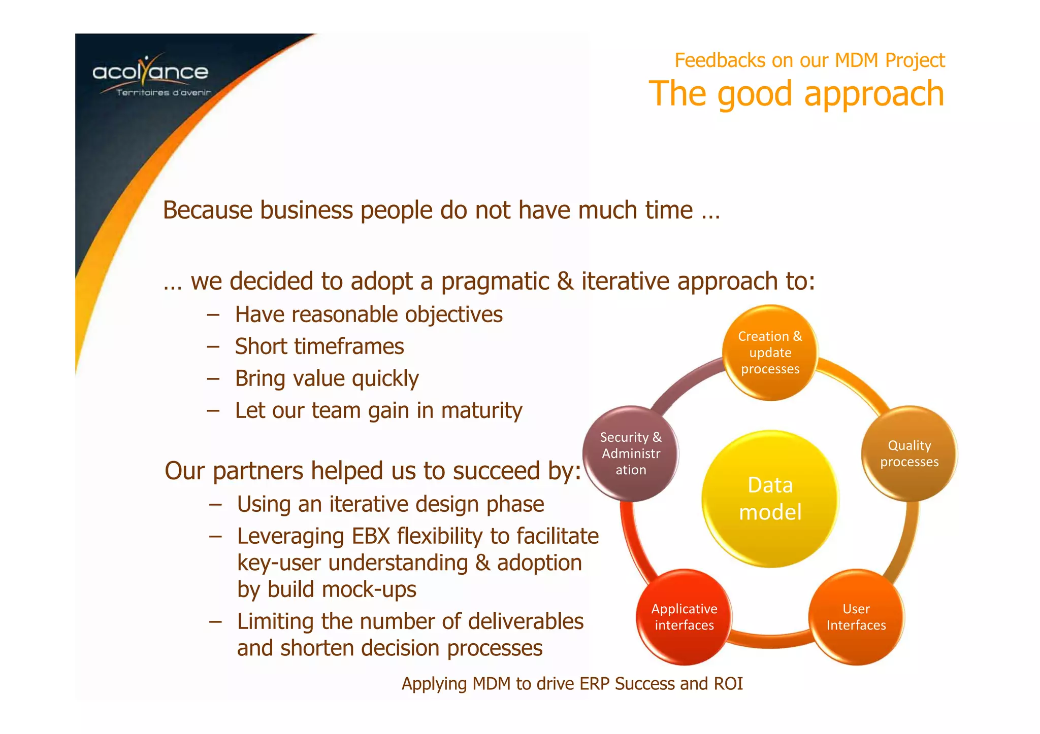 Feedbacks on our MDM Project
The good approach
Because business people do not have much time …
… we decided to adopt a pragmatic & iterative approach to:
– Have reasonable objectives
– Short timeframes
– Bring value quickly
– Let our team gain in maturity
Our partners helped us to succeed by:
– Using an iterative design phase
– Leveraging EBX flexibility to facilitate
key-user understanding & adoption
by build mock-ups
– Limiting the number of deliverables
and shorten decision processes
Data
model
Creation &
update
processes
Quality
processes
User
Interfaces
Applicative
interfaces
Security &
Administr
ation
Applying MDM to drive ERP Success and ROI
 