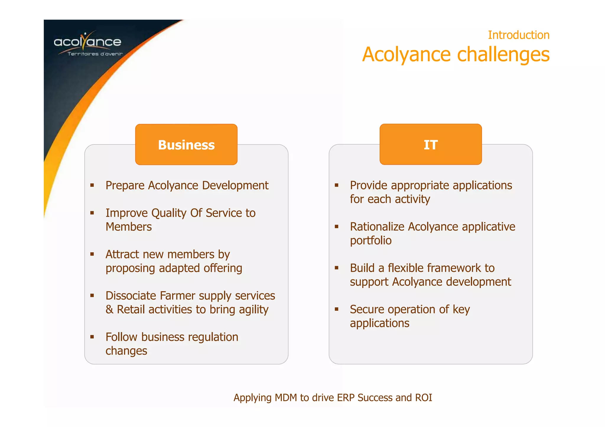 Prepare Acolyance Development
Improve Quality Of Service to
Members
Attract new members by
proposing adapted offering
Dissociate Farmer supply services
& Retail activities to bring agility
Follow business regulation
changes
Introduction
Acolyance challenges
Business
Provide appropriate applications
for each activity
Rationalize Acolyance applicative
portfolio
Build a flexible framework to
support Acolyance development
Secure operation of key
applications
IT
Applying MDM to drive ERP Success and ROI
 