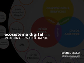 ecosistema digital
MEDELLÍN CIUDAD INTELIGENTE
MIGUEL BELLO
Especialista Diseño de Servicios
miguel.bello@mdeinteligente.co
@Cuatripatipedo
 